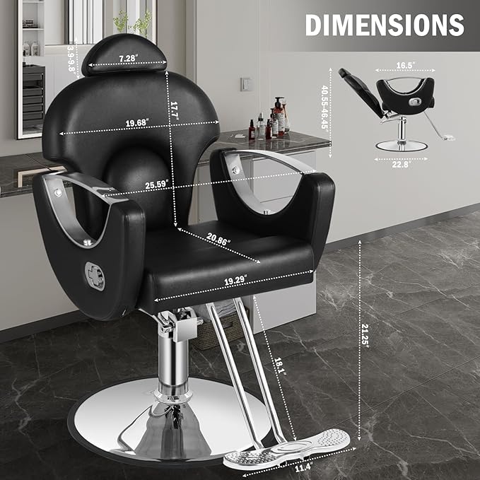 Salon Chair for Hair Stylist, Reclining Barber Salon Chair with Heavy Duty Hydraulic Pump, 360 Swivel Styling Braiding Hairdresser Chairs for Home Barbershop, Black Sliver