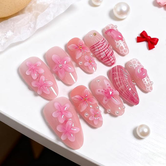 30Pcs Pink Press on Nails Medium Almond Summer French Tip Fake Nails with 3D Conch Starfish Designs Cute Flower Acrylic Nail Ocean Style False Nail Pearl Gold Beads Rhinestone Glue on Nails for Women