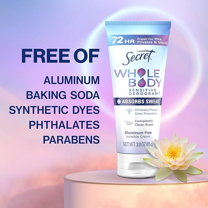 Secret Whole Body Deodorant Dry Feel Cream + Absorbs Sweat for Women, Completely Clean Scent, Aluminum Free Deodorant, 72 HR Odor Protection, 3.0 oz
