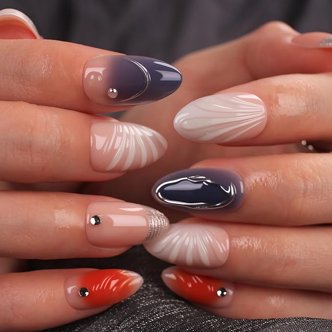 3D Nude Almond Press on Nail Short Fake Nails with Silver French Tip False Nails, 3D Silver Lines Design Artificial Acrylic Nail Press ons Reusable Almond Nail Glue on Nails for Women