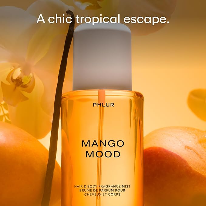 PHLUR Mango Mood Body Mist - Hair & Body Mist Fragrance - Mango, Jasmine, Patchouli & Vanilla Body Spray (8 Fl Oz)