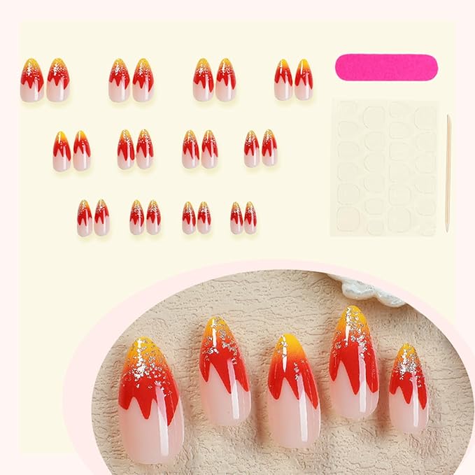 24pcs French Tip Press on Nails Medium Almond Fake Nails with Glitter Designs Flame False Nails Kit Gold Red Acrylic Nails Stick on Nails Full Cover Glue on Nails for Women Nail Decoration