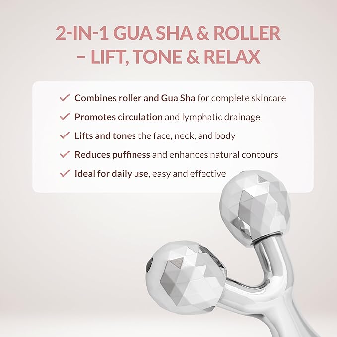 2-in-1 Face Roller and Gua Sha Tool with Strap and Gift Pouch for Face Neck and Eye for Puffy Eyes – Cooling Facial Massager for Jawline Sculpting and Self Care