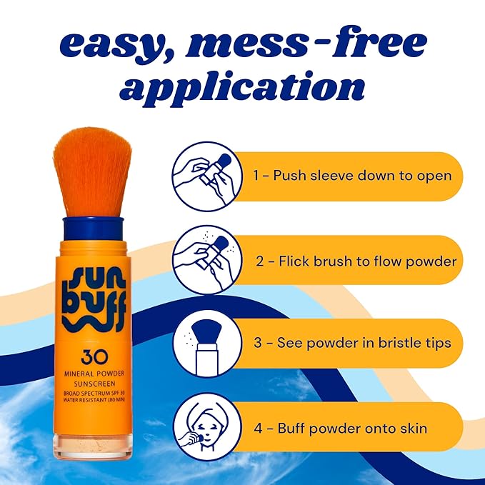 Sun Buff Powder Sunscreen Brush SPF 30 - Mineral Sunscreen for Scalp, Face, & Body - Water Resistant 80 Min | Brush On Powder, Zinc Oxide UVA UVB Protection, Travel Size 0.14oz, Made in USA