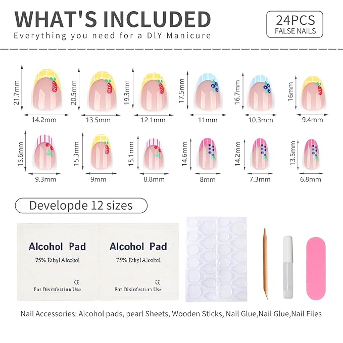 Fruit Press On Nails Oval Shape, Colorful Striped Fake Nails with Cute Cherry Grape Orange Blueberry Designs, Glossy Gel Finish Acrylic Reusable Glue On Nails for Women, 24 Pcs