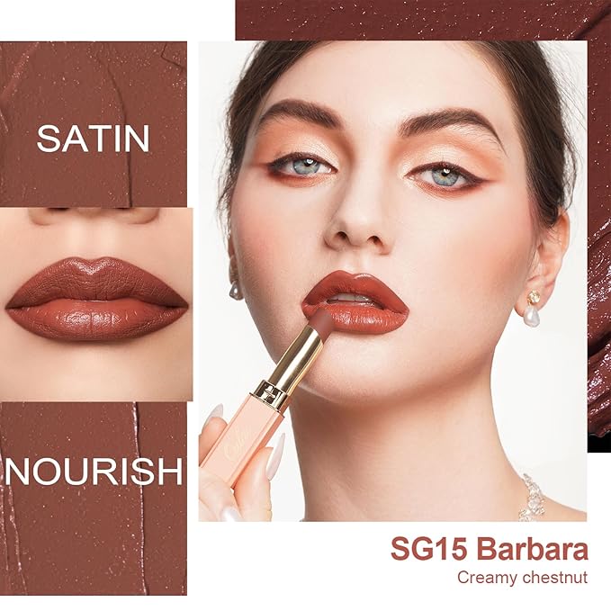 Oulac Color Rich Satin Lipstick - Medium Brown Full Coverage Lip Color, Creamy Silky-Smooth, Moisturizing, Satin Matte Finish, Infused With Shea Butter, Vegan & Clean Beauty, 4g, SG15 Barbara