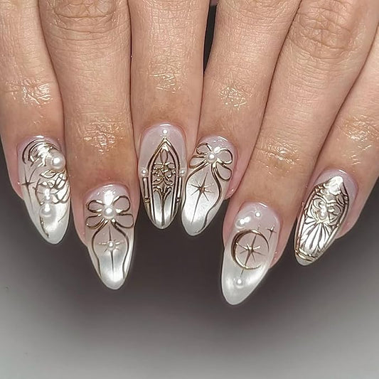 24Pcs Almond Press on Nails Medium Fake Nails Glossy Nude White Glue on Nails with Pearl Design Gold Chrome Bow Star Moon False Nail Full Cover Glitter Artificial Stick on Nails for Women Acrylic Nail