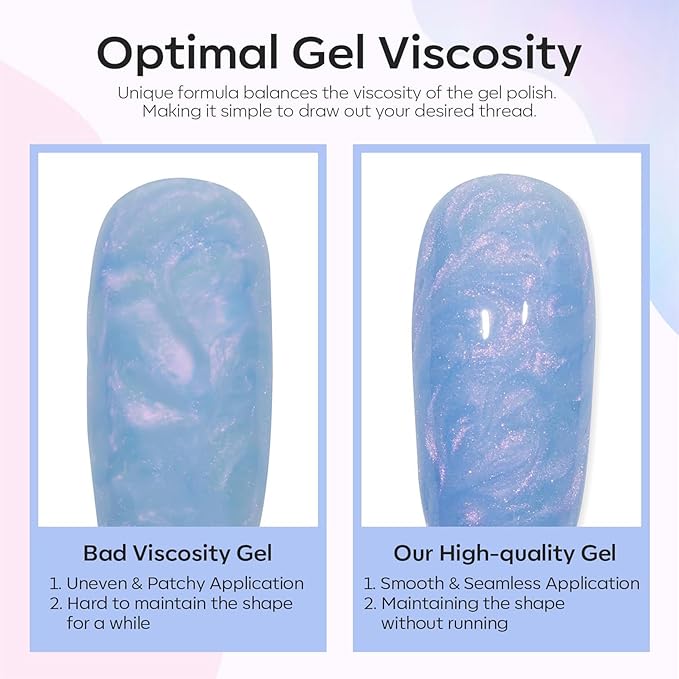 modelones Pearl Gel Nail Polish Set, 6 Colors Aurora Iridescent Shimmer White Pink Purple Mermaid Nail Drawing Glitter Gel Polish Soak Off Led Swirl Shell Thread Effect with Dotting Pen DIY Mani Gift