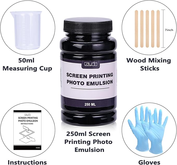Caydo Screen Printing Photo Emulsion (8.5 oz), Diazo Sensitizer(1g), Measuring Cup, Gloves, and 5 Stir Sticks, Pre-Sensitized Photo Emulsion Screen Printing Supplies for Screen Printing and Fabric