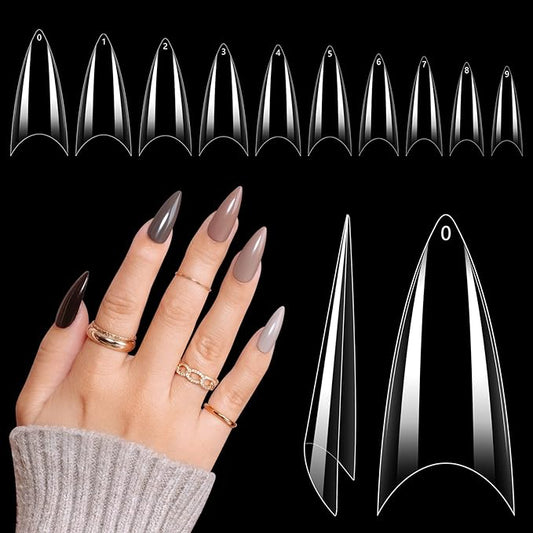 Quaferen Clear Stiletto Nail Tips, 500PCS Half Cover Soft Gel Nail Tips Medium Stiletto False Nails Almond Shape Curved Tips for Acrylic Nails Salon Home DIY with Box 10Sizes