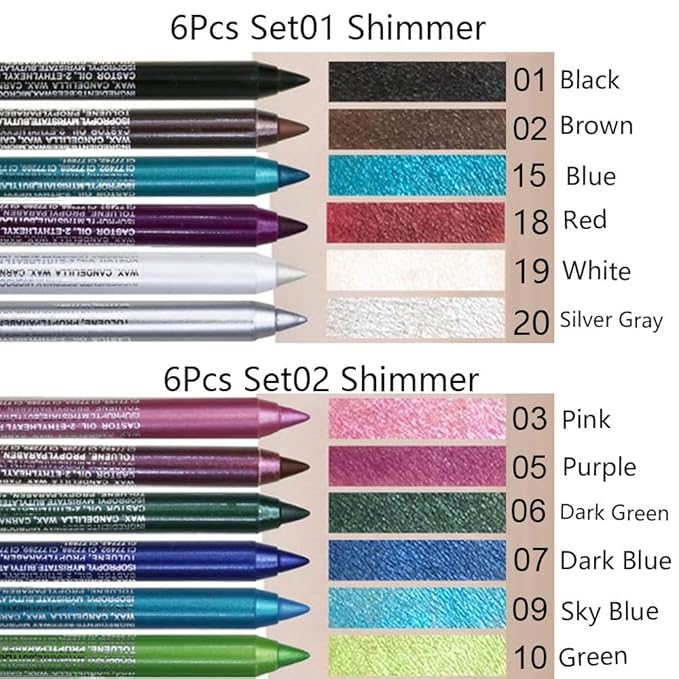 evpct 6Pcs White Glitter Eyeliner Pencils Set delineadores de colores para ojos lapiz negro a prueba de agua Black Silver Blue Red Brown Metallic Colorful Liquid Eye Liners Waterproof