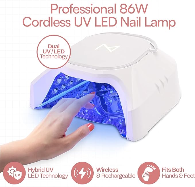 M - GlowPro Professional Hybrid 86W Wireless Rechargeable UV LED Nail Curing Lamp Cordless Nail Dryer for Gel Nails, Manicure, Pedicure (Red)