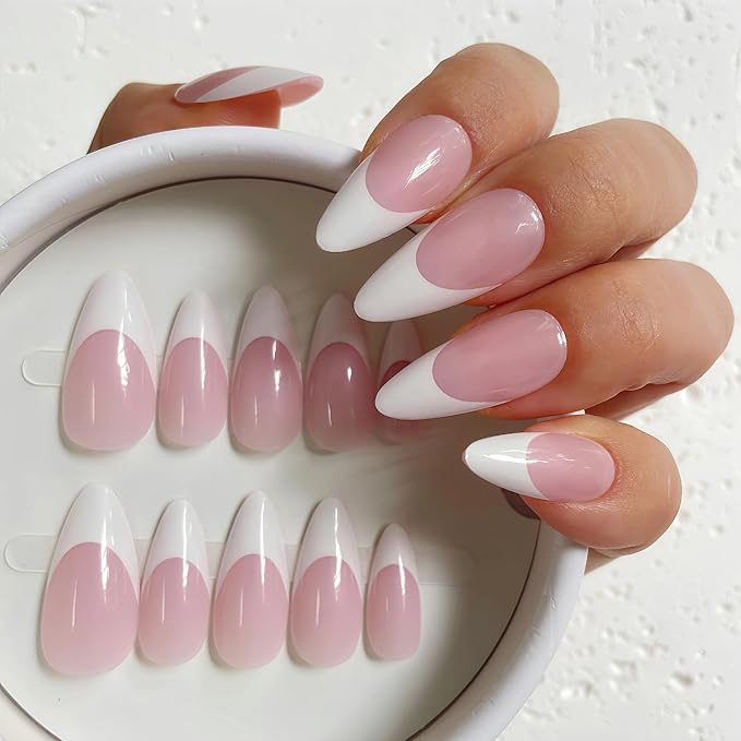 Medium Almond French Pink Press on Nails – 24PCS Glossy False Nail Tips in 12 Sizes | Soft Fit Back Edge & Hard Front | Glue on Acrylic Nails for Women | Reusable & Natural Look