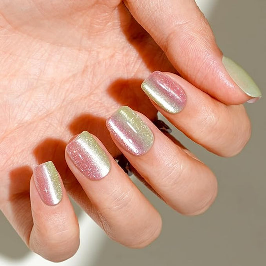 Press on Nails Short, Jofay Fashion Fake Nails, Two-color Ombre Cat Eye Press on Nails, Summer Acrylic False Nails, Reusable Stick on Nails for Women Girls, Glue on Nails Kit 32 Pcs, Honey Peach