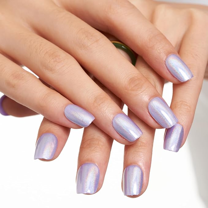 GLAMERMAID Laser Purple Press on Nails Extra Short Square, Fake Nails Glossy Full Cover Glue on Nails with Design Glue on Nail Reusable Acrylic False Nails Manicure Kits for Women