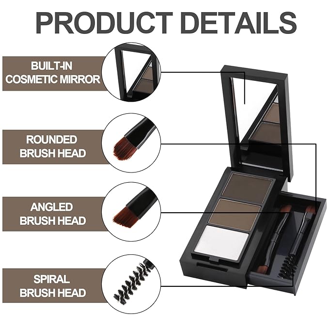 3 Colors Eyebrow Makeup Kit, Professional Brow Contour Palette, Waterproof Long-lasting Eyebrow Filler Powder with Mirror & Brow Brush