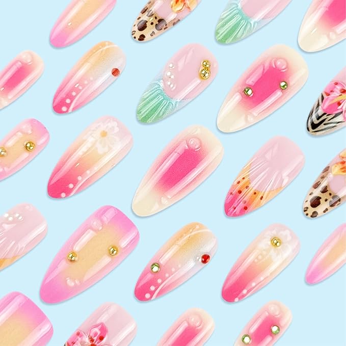 24pcs Pink Press on Nails Medium Almond Fake Nails with 3D Flower Pearl Water Drop Designs Gold Beads Glue on Nails French Tip False Nails French Gradient Full Cover Stick on Nails for Women