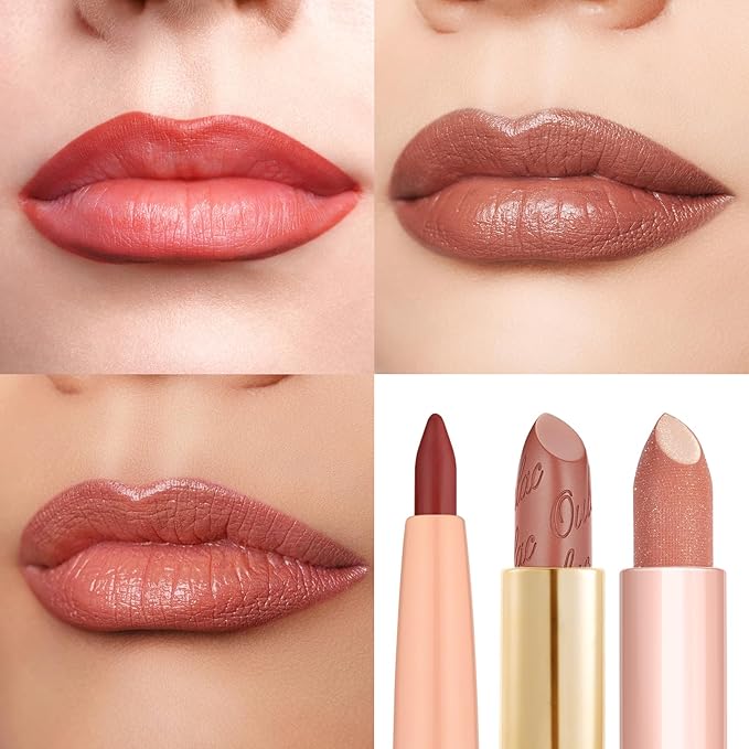 Oulac Lipstick & Lipliner Set 3PCS High Impact Lipcolor with Moisturizing Formula, Vegan Beauty, Full-Coverage Lip Color, Gift Lipstick for Women, LL06+GM03+PG07