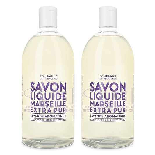 Compagnie de Provence Savon de Marseille Extra Pure Liquid Soap, Aromatic Lavender, Two 33.8 fl oz Plastic Bottle Refills