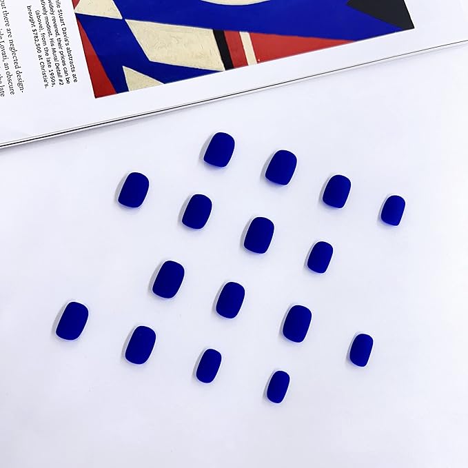 KQueenest Matte Dark Blue Press on Nails Extra Short Square, Natural Pure Color Fake Nails, Acrylic Full Cover Glue on for Women Girls Manicure in 24 PCS, No Glue