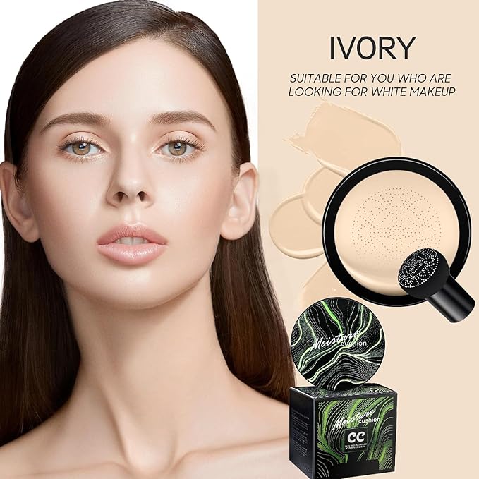 Mushroom Head Air Cushion CC Cream - BB Cream Foundation Makeup Moisturizing Concealer Long-Lasting, Cushion Foundation Full Coverage Self Adjusting for Mature Skin & All Skin Types(Ivory)