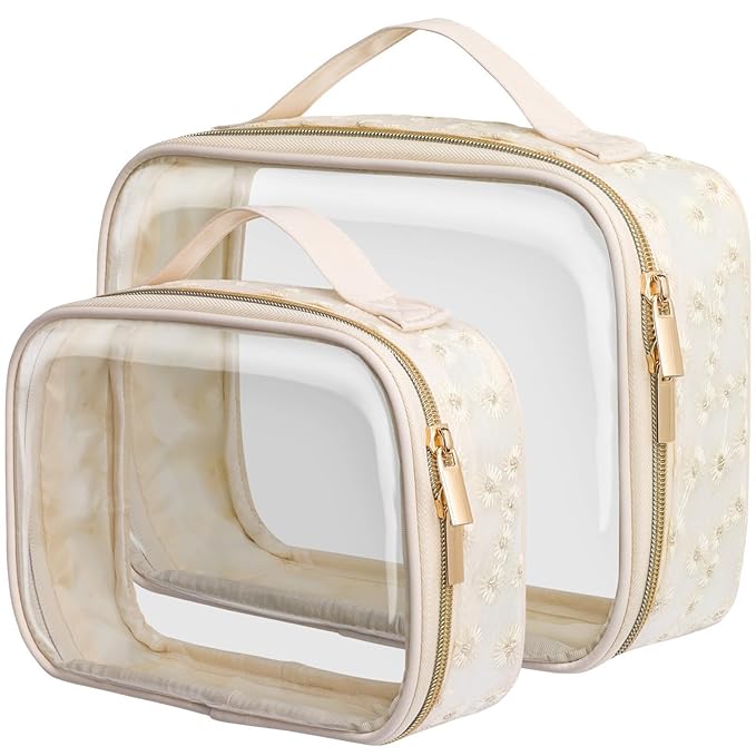 PACKISM Floral Texture Lace TSA Approved Toiletry Bag - 180° Large Opening Clear Makeup Bags for Traveling, in 2 Size TSA Liquid Bag with Handle, 0.5 mm Thick Non-deformable No Smell, Beige