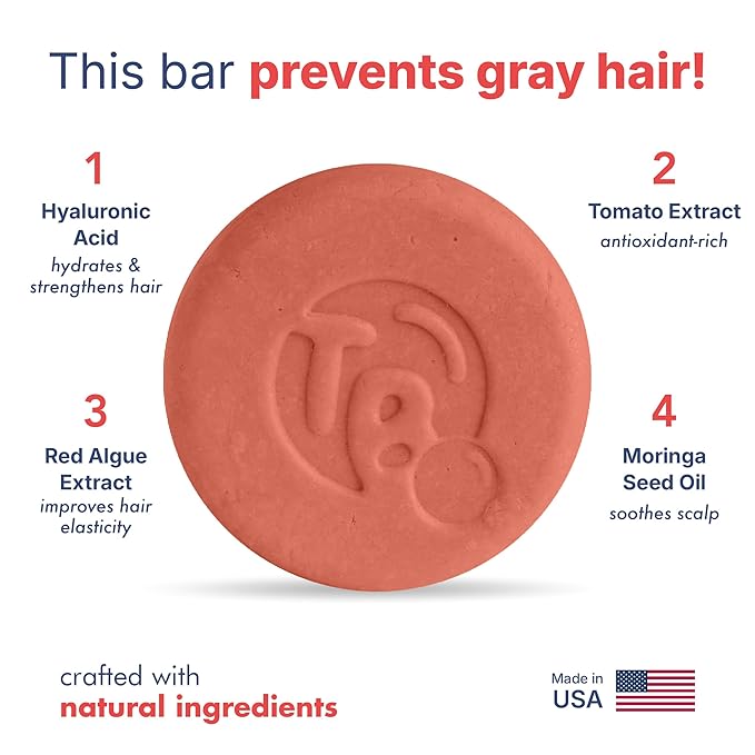 Hyaluronic Acid + Tomato Extract Shampoo Bar for Gray Hair - Anti-Aging - Restores, Strengthens & Revives Dull Strands - Shampoo for Women and Men - Free of Parabens & Sulfates - Made in USA - 4.5oz
