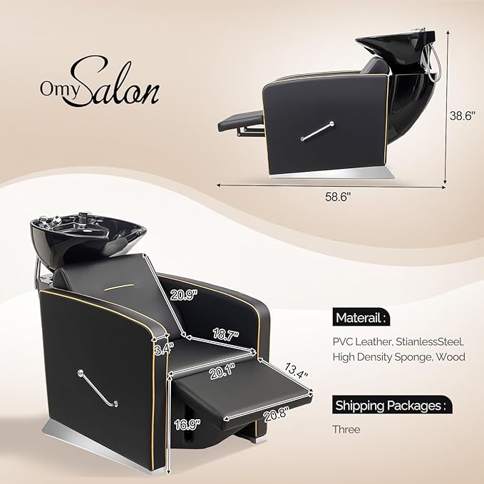 OmySalon Backwash Shampoo Unit for Salon, Hair Washing Station with Ceramic Bowl Adjustable Footrest, Reclining Shampoo Chair for Beauty Spa Barbershop