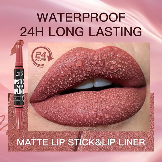 USHAS 3Pcs Lipstick and Lip Liner Combo Set 2 in 1 Makeup Kits Long Lasting and Waterproof Nude Matte Lipstick For Women (Set 1 (07+08+09), 3Pcs)
