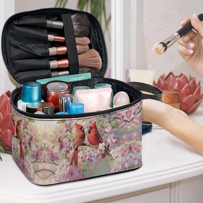Cardinal Pink Cherry Blossom Print Travel Makeup Bags for Women Portable Tote Cosmetic Case with Carry Handle Toiletry Accessories Storage Organizer Bags