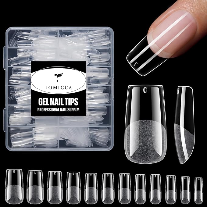 TOMICCA Medium Square Nail Tips Acrylic Nails 240Pcs Acrylic Nail Kit Pre-shape Full Cover Clear Nails Gel Nail Tips for Extension Nail Home DIY, 12 Sizes