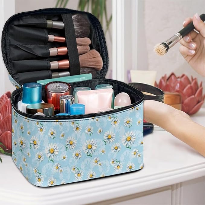 Daisy Flowers Blue Pattern Travel Makeup Bags for Women Portable Tote Cosmetic Case with Carry Handle Toiletry Accessories Storage Organizer Bags