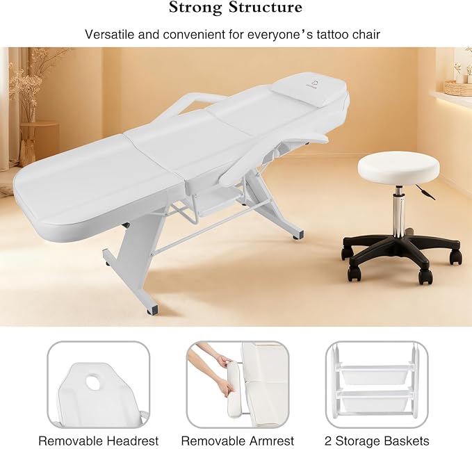 Facial Chair, Tattoo Chair Massage Bed with Hydraulic Stool for Professional Massage Facial Lash Beauty Spa, White