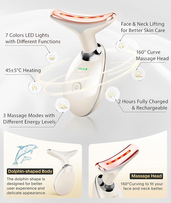 7 Color Face and Neck Massager Light Therapy, Red Light Based Facial Massager for Skin Care, Firming, Smoothing (White)