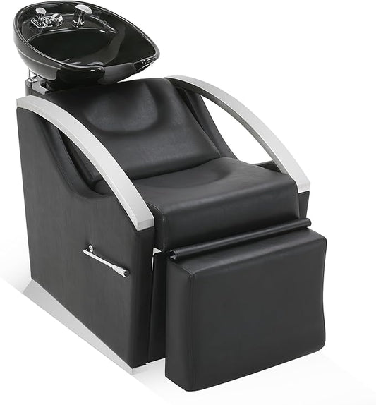 BarberPub Backwash Shampoo Station Chair Unit with Leg Rest, Adjustable Ceramic Shampoo Bowl Sink and Chair Set for Home Salon, Barbershop 9077 (Black)