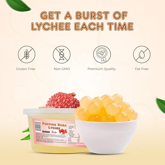 Fanale Lychee Popping Boba Pearls, Vegan, Non GMO, Gluten Free, Fat Free, Perfect for Bubble Tea, Smoothies, Ice Cream, Desserts, and Beverages 1lb x 12.