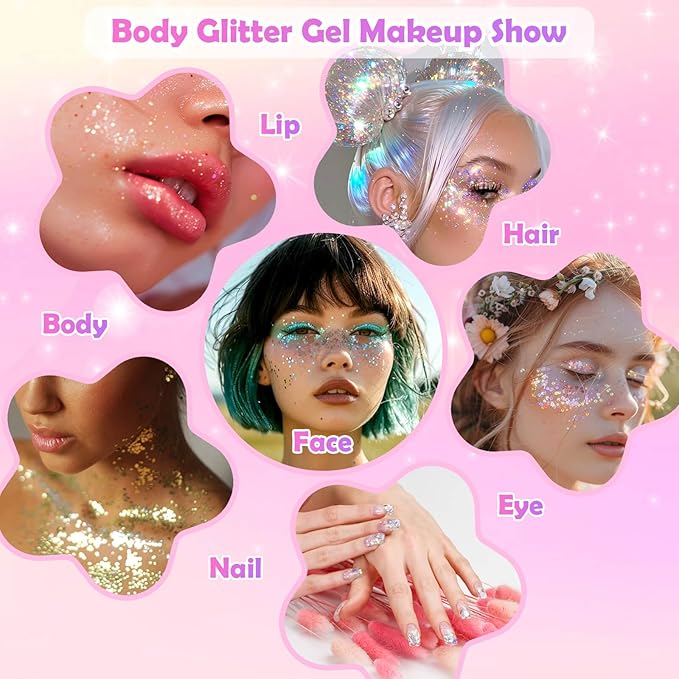 10 Colors Body Face Glitter Gel for Skin and Hair, Makeup Sparkles Rave Accessories for Festival Outfits, Mermaid Decorations, Disco Cowgirl, Mardi Gras