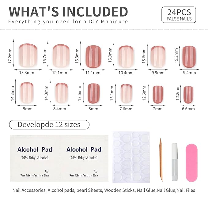 Brown French Tips Press On Nails Short, Acrylic Press On Nails Square with Nail Glue, Glossy Fake Nails Kit, Thick Natural Reusable Glue On Nails for Women, 24Pcs