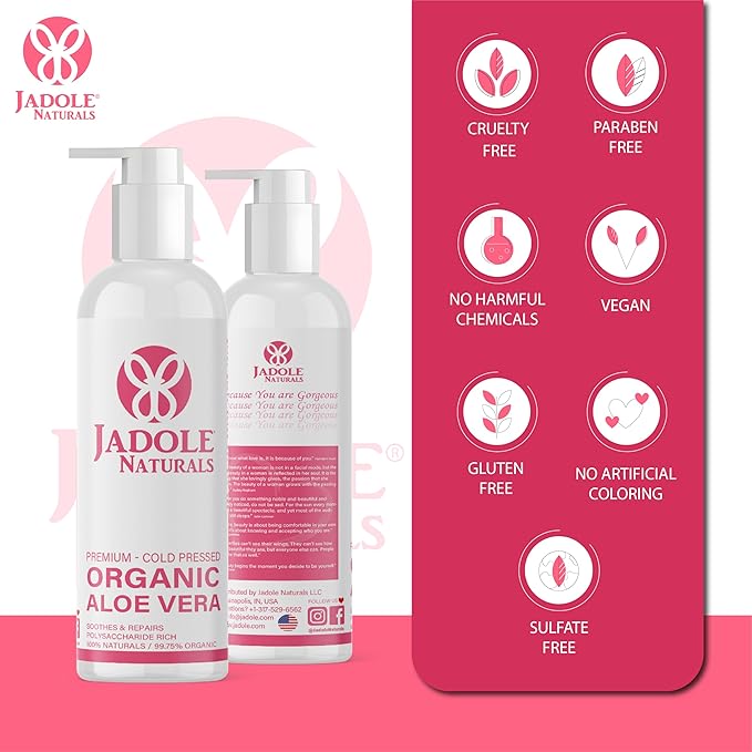 Organic Aloe vera Gel - 8.4 oz / 250ml | For Hair, Scalp, Face, Dry Skin, Sunburn, & Sensitive Skin -Reduces Redness, Helps Protect Damaged Skin | Cold Pressed, Vegan, 100% Natural