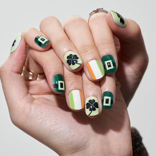 GLAMERMAID Extra Short Press on Nails 24PCS, Green Fall Gel Glue on Nails, Glossy Round Reusable UV Finish Fake Nails Acrylic False Nails Manicure Kits for Women