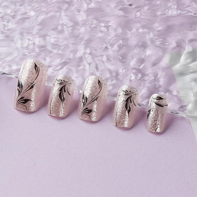 Black Leaf Press on Nails Fall Vine Stick on Fingernails 24Pcs Glossy Silver Glitter Acrylic Fake Nail Thanksgiving Medium Square False Nails Autumn Gel Glue on Nail for Coquette Women Girls