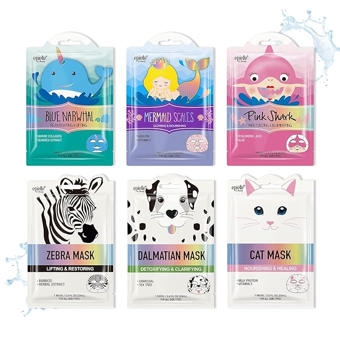 Epielle Character Face Mask Wave & Wild 6 Pack, Fun & Effective Korean Skin Care, Spa Party Favors, Stocking Stuffers, Birthday Gifts for Women, Thanksgiving Essentials