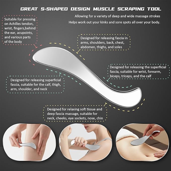 Stainless Steel Gua Sha Muscle Scraper Tool, 4 in 1 Guasha Tool for Full Body, Metal Myofascial Release Tool, Scraping Tool Physical Therapy Equipment, Deep Tissue Muscle Massager Fascia Scraper