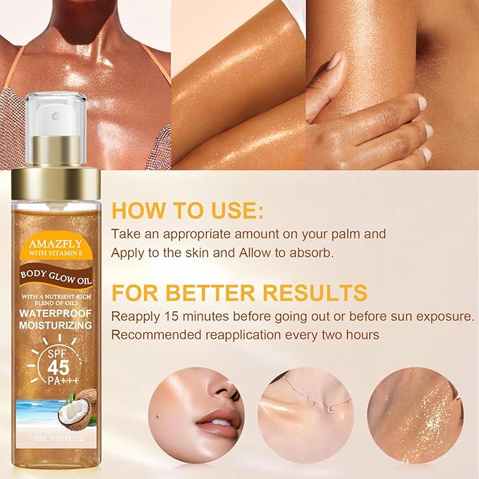 Body Glow Oil, SPF 45 PA+++, Sunscreen Body Oil with AMBER Mica, Moisturizing Coconut with Vitamin E, Glow Moisturizer, Lightweight, Water Resistant, 3.72 fl oz (#3 AMBER)