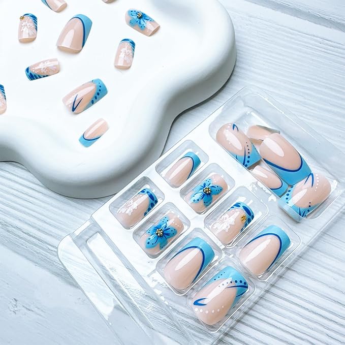 24pcs French Tip Press on Nails Short Square Blue Flower Fake Nails with Gold Beads Designs Summer False Nails Kit Cute Floral Glue on Nails Full Cover Stick on Nails for Women Nail Decoration