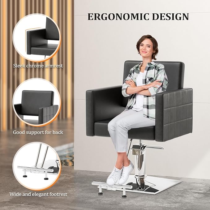 Salon Styling Chair for Hair Stylist Wide Seat, Hydraulic Barber Chair with Stainless Steel Footrest, Black Hair Salon Chair Heavy Duty, Beauty Spa Cosmetology Shampoo Hairdressing Equipment