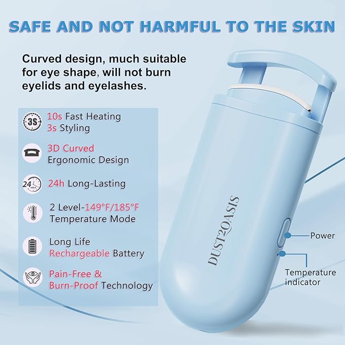 Heated Eyelash Curler - Wide Open Dual-Arc Design Heated Lash Curler - Electric Eyelash Curler - Type-C Rechargeable Mini Lash Curler Natural Curling 24H Long Lasting for Women - Blue