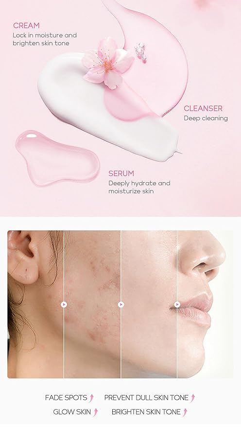 Gentle Skin Daily Skincare Set for Teen Girls & Women, JAPAN SAKURA Face Care Kit Includes Cleanser Hydrating Serum Essence Eye Cream, Sensitive Skin & Travel Essentials (4PCS)