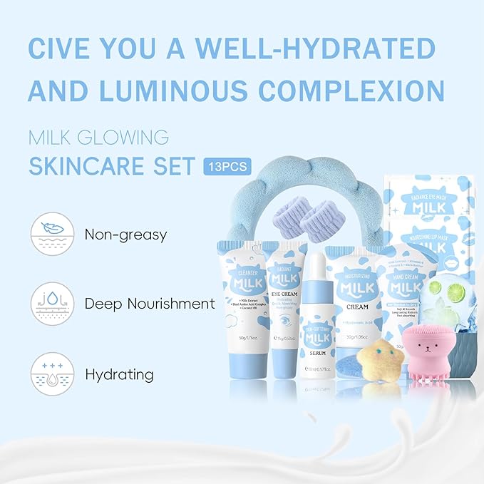 13PCS Milk Skincare Set for Kids & Teens, Complete Kids Skin Care Set for Girls Ages 8-12, Skin Care for Kids Girl 10-12, Skin Care Set for Teens, Face Care Kit Gentle, Nourishing, All Skin Types