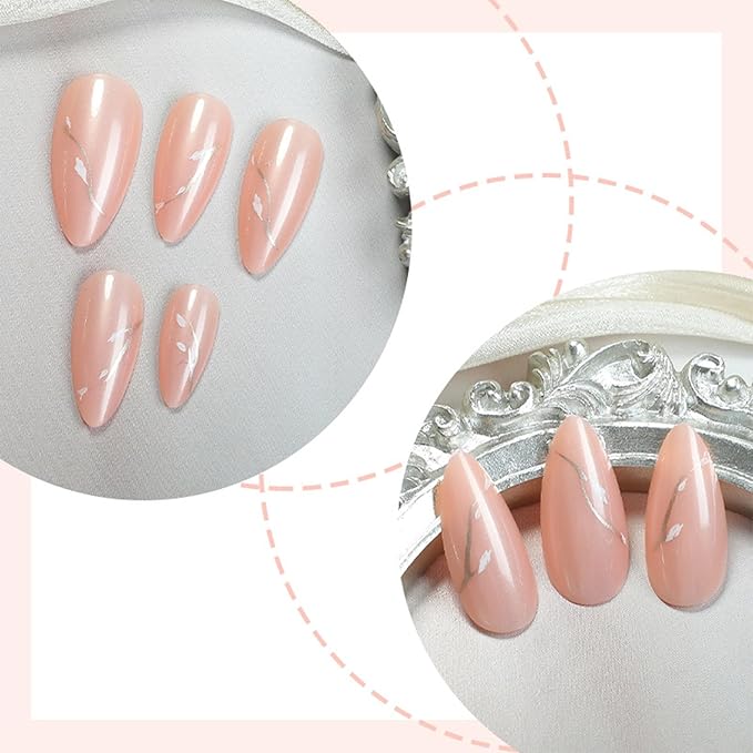 Leaf Press on Nails 24Pcs Gold Leaves Press ons Fingernails Glossy Nude Medium Almond False Nail Simple Gel Glue on Acrylic Fake Nails Curve Line Stick on Nail for Holiday Manicure Art